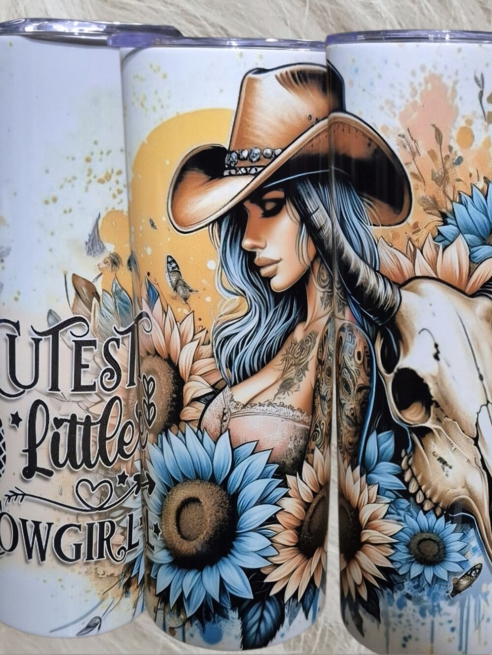 Cowgirl Sunflower Tumbler with Blue Accents